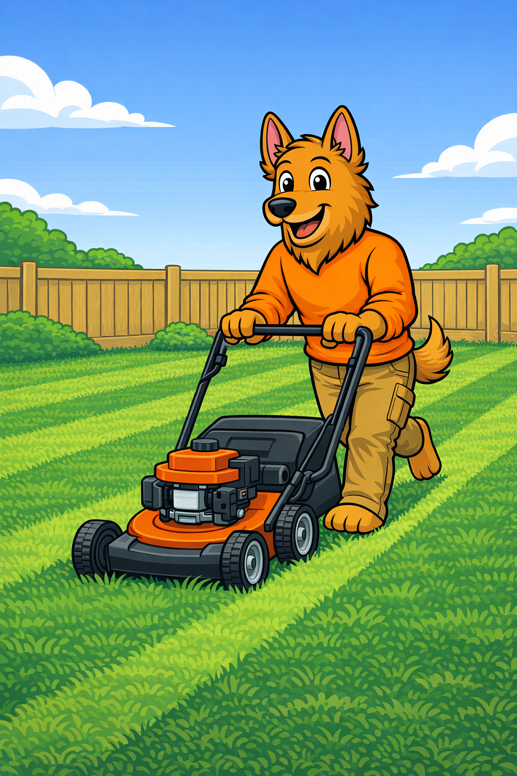 Elite Grounds mascot mowing a lawn with a push mower