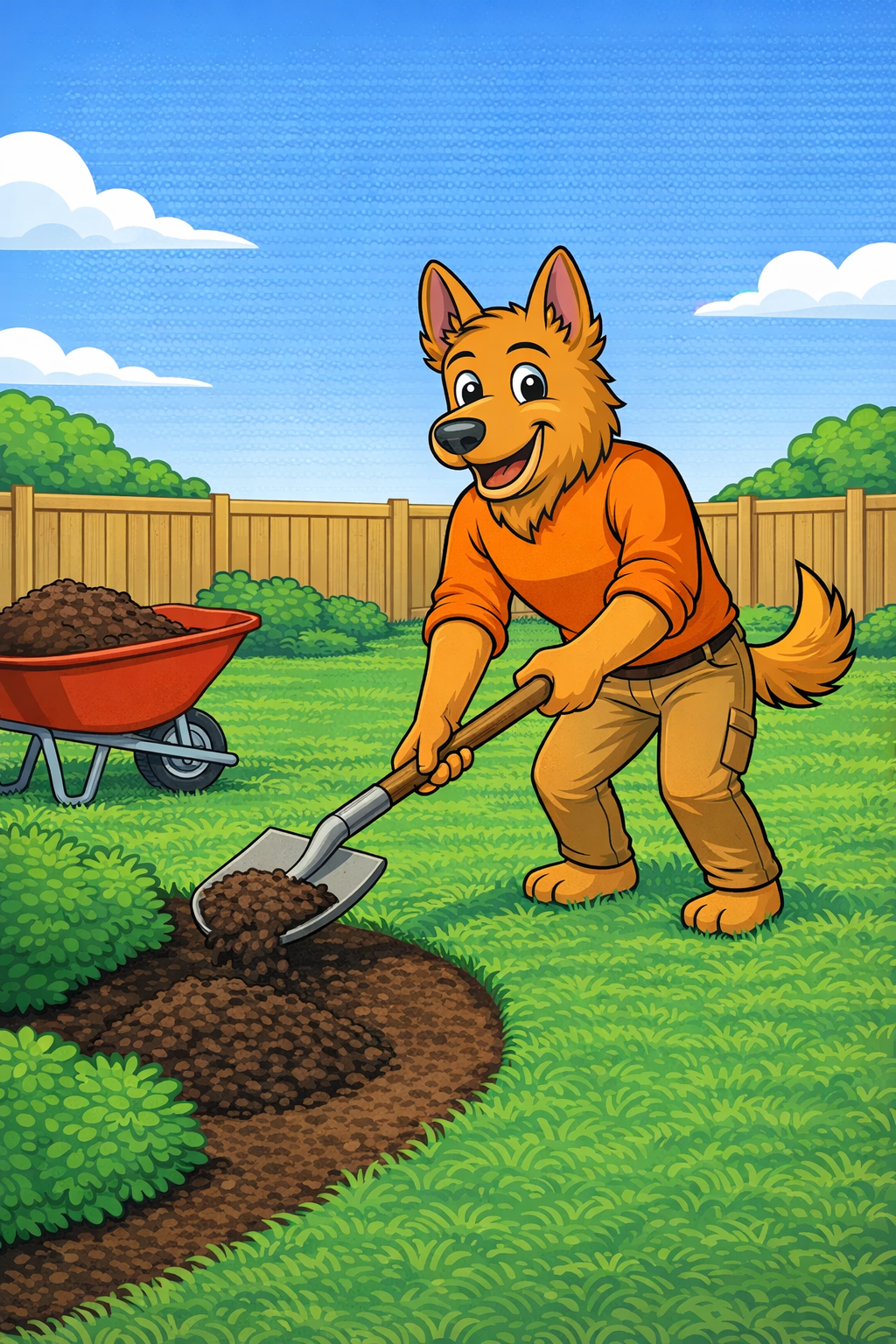 Elite Grounds mascot spreading mulch from a wheelbarrow