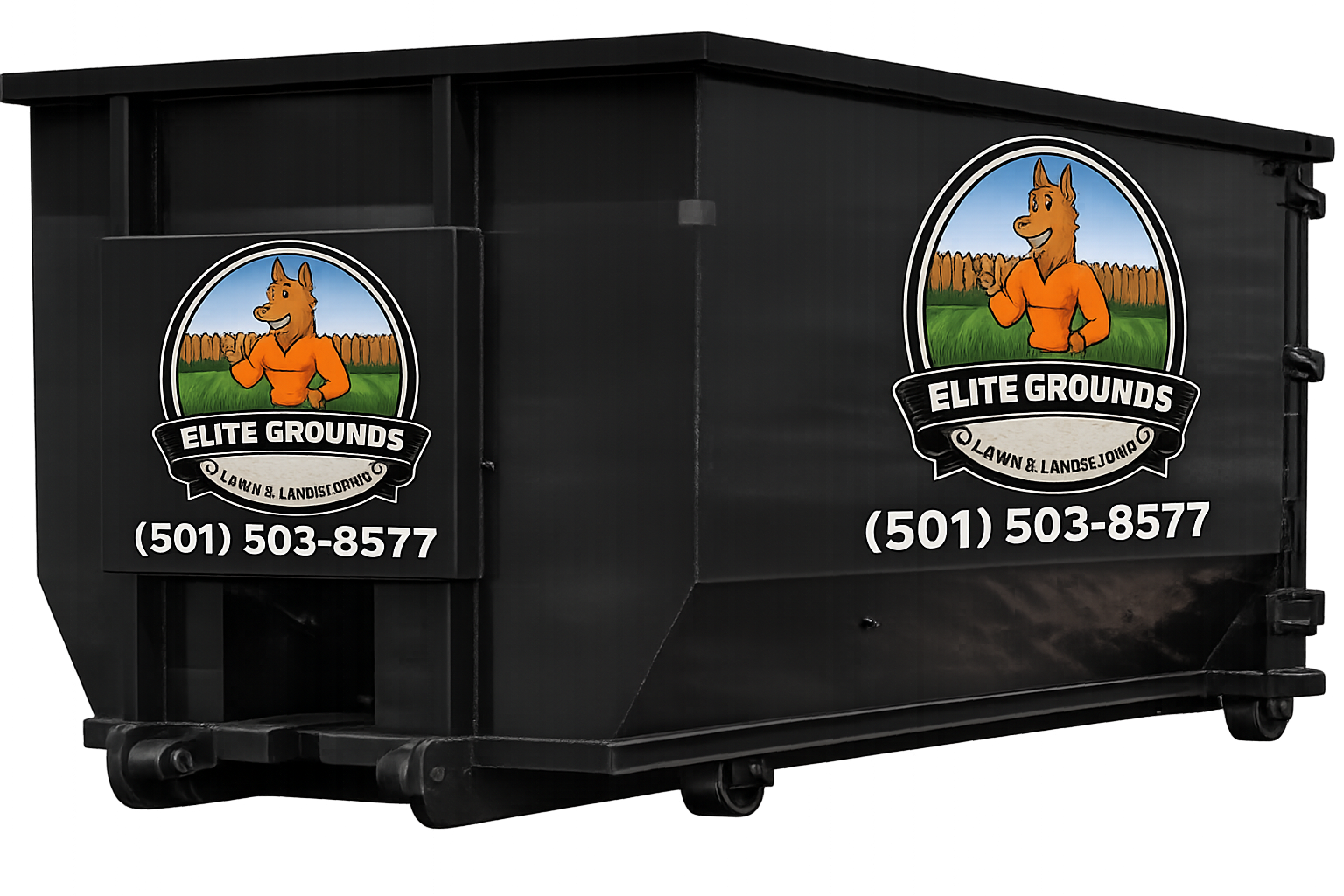 Black 15-yard dumpster with Elite Grounds logo and phone number (501) 503-8577